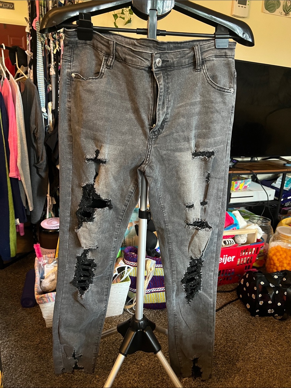 SHEIN Women's Grey Distressed Skinny Jeans with Black Patch Rips
